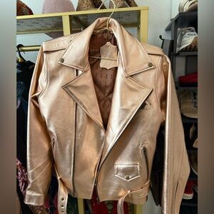 Gleaming Rose Gold Leather Moto Jacket